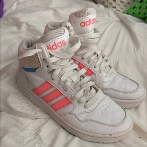 adidas White High-Top Sneakers with Pink Stripes and Blue Accent